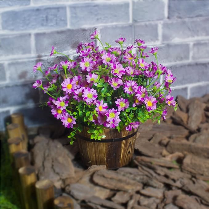 Artificial Flowers Outdoor 8 Bundles Red Fake Flowers Flores Artificiales Silk Daisies Eucalyptus Plants Fade Resistant Faux Wild Flower for Porch Patio Home Garden Pot (8 Bundles Red)