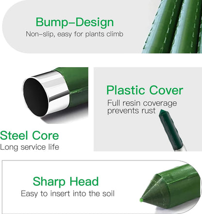 Garden Stakes 57 Inch, Approx 5ft Steel Plant Stakes 25 Pack for Gardening and Farm, 57" Plastic Coated Plant Support for Tomato, Cucumber, Bean, Flower, Potted More Climbing Plants