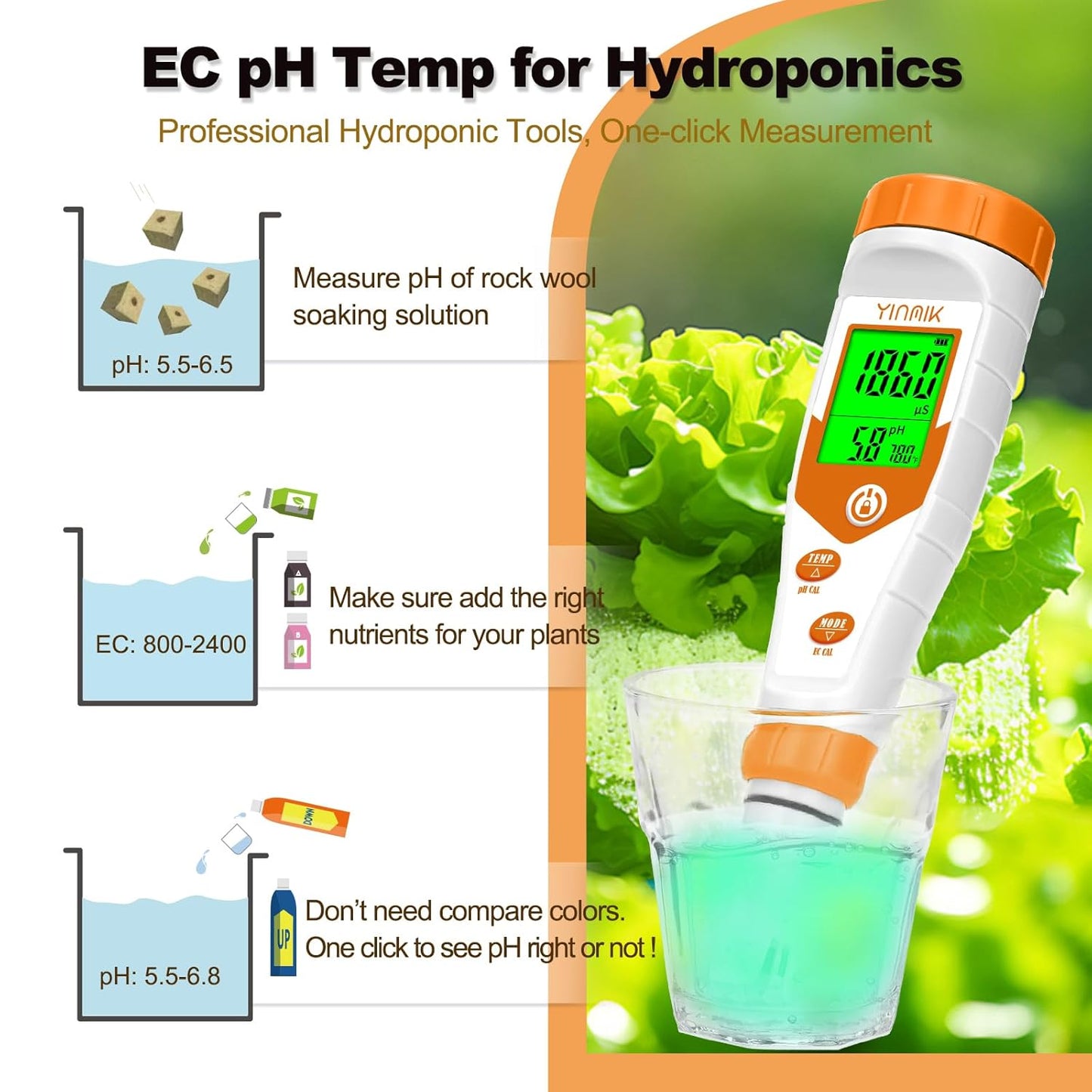 Hydroponics EC pH Tester, Simultaneous Display pH ppm for Base Reservoir Water, Continuous Monitoring of pH Conductivity Temp. ppm for Growing Nutrients, Indoor DWC System, Aeroponic Garden