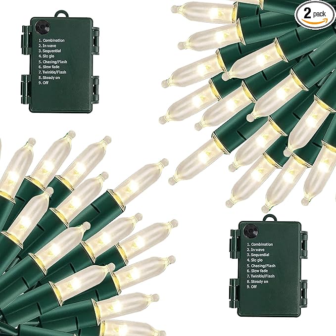 NEROSUN Warm White Battery Operated Christmas Lights, 2 Pack Total 100LED 32FT Waterproof String Christmas Tree Lights with 8 Modes, Xmas Decorations for Indoor Outdoor Yard Wedding Home Decor