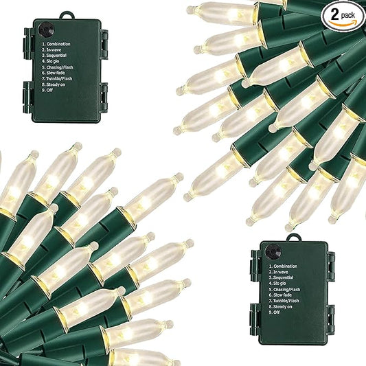 NEROSUN Warm White Battery Operated Christmas Lights, 2 Pack Total 100LED 32FT Waterproof String Christmas Tree Lights with 8 Modes, Xmas Decorations for Indoor Outdoor Yard Wedding Home Decor