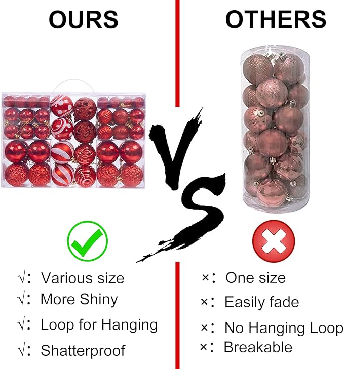 100PCS Christmas Ball Ornaments, Assorted Shatterproof Christmas Tree Decorations, Seasonal Decorative Hanging Baubles Decor Set for Xmas/Holiday/Party, Glitter&Painting Ornament Set (Red)