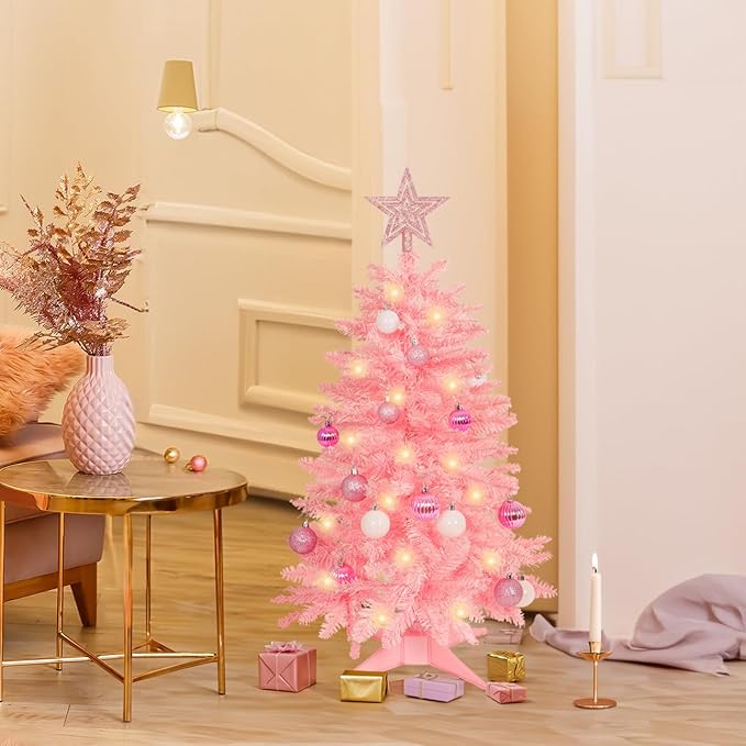 Sunshine Pink Christmas Tree with Light 3ft Artifical Full Christmas Tree with Ball & Star Ornaments 8 Lighting Modes for Holiday Decor