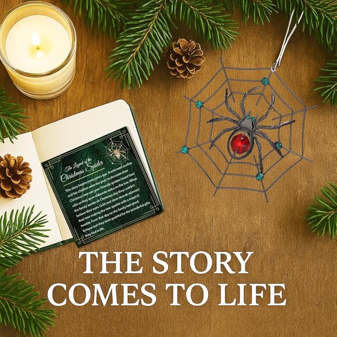 Matashi Black Spider Hanging Ornament for Christmas Tree w Red, Green Crystals – Lucky Spider Web Decoration for Tree, Seasonal Decor Holiday Hanging Ornament Gift Inspired by Christmas Spider Legend