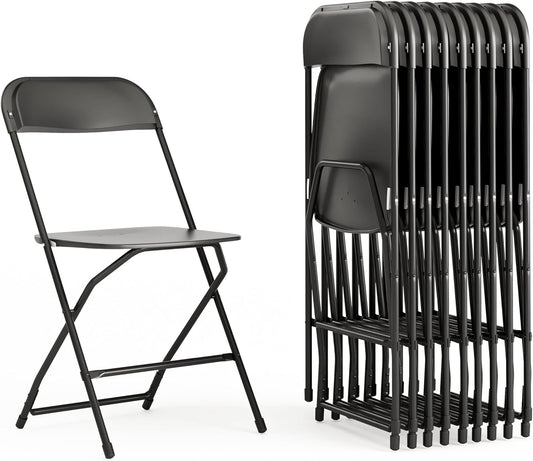 Flash Furniture Hercules Set of 10 Indoor/Outdoor Heavy-Duty Plastic Folding Chairs, Foldable Commercial Stacking Chairs with 650-lb. Static Weight Capacity, Black