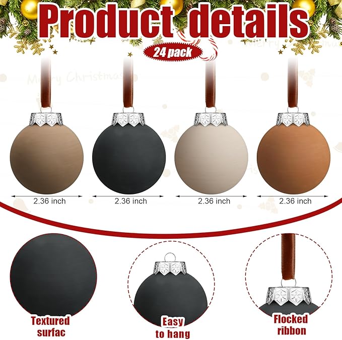 24 Pcs Neutral Matte Christmas Ball Ornaments 2.4 Inch Rustic Boho Brown Black Ivory Terracotta Xmas Bulbs Ornament Vintage Xmas Baubles Modern Christmas Decor for Tree Farmhouse Decor