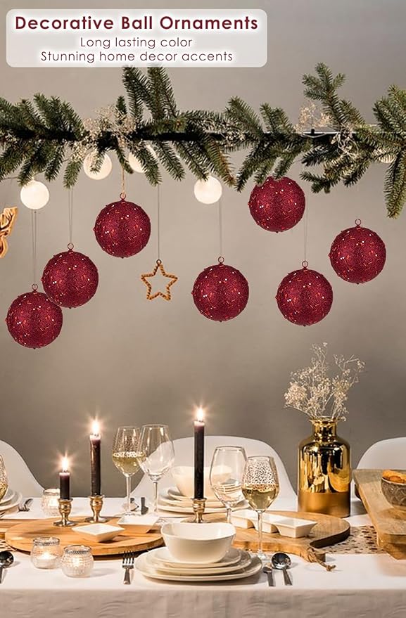 4" Large Christmas Balls Ornaments 6 Pcs Shatterproof Big Burgundy Red Christmas Ornaments for Xmas Tree Bulk Glitter Big Xmas Tree Ornament for Trees Halloween Holiday Wedding Party Decoration