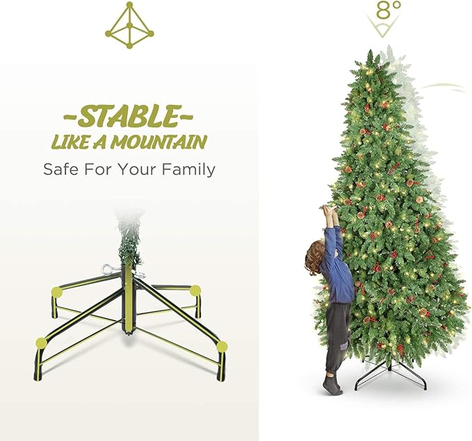 10FT Prelit Christmas Tree Tall, Artificial Christmas Tree Pre-Decorated with Pinecones and Berries (1000 Clear Warm Lights and Realistic 3200 Thicken Tips, Sturdy Metal Base)