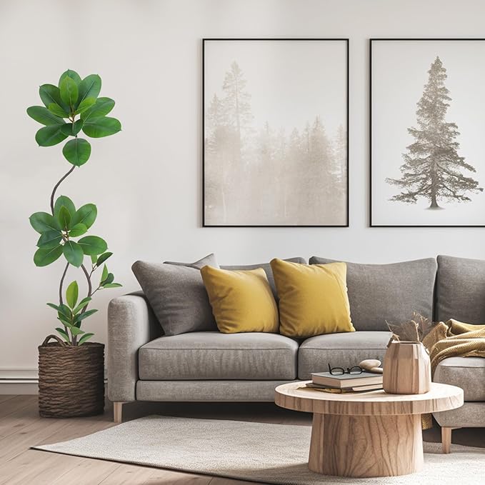 Artificial Rubber Tree Plant, 5.3ft Tall Black with Round Planter, All Season Home Decor (Green,5.3ft)