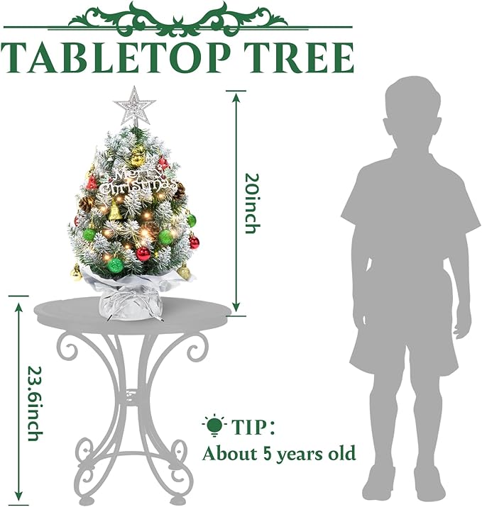 XmasExp 20in Mini Christmas Tree Artificial Small Christmas Tree with LED Light, Star Treetop,Ornaments Balls,Bells and Pine Cones DIY Tabletop Xmas Decorations