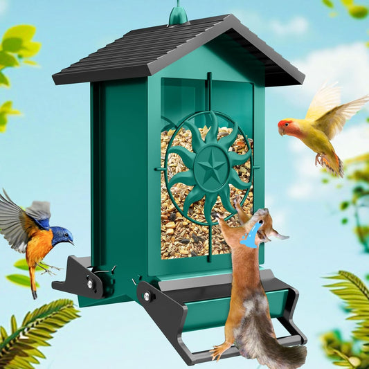 Squirrel Proof Bird Feeders for Outdoors, 5LBS Large Capacity Metal Wild Bird Feeder with Bilateral Weight-Activated Perches, Anti Squirrel Bird Feeders for Outside Finch, Cardinal, Blue Jay (Green)