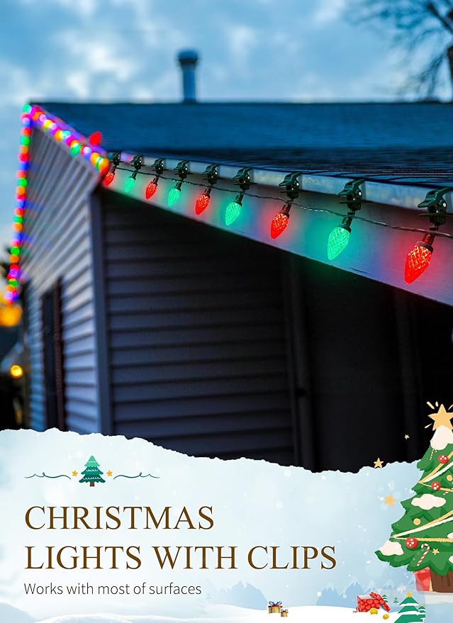 Minetom C9 LED Christmas Lights Outdoor, 68 Feet 100 LED C9 String Light with 100 Spring Clips, Waterproof Connectable Christmas Tree Lights for Outside Roofline Patio Home Xmas Decor, Red & Green