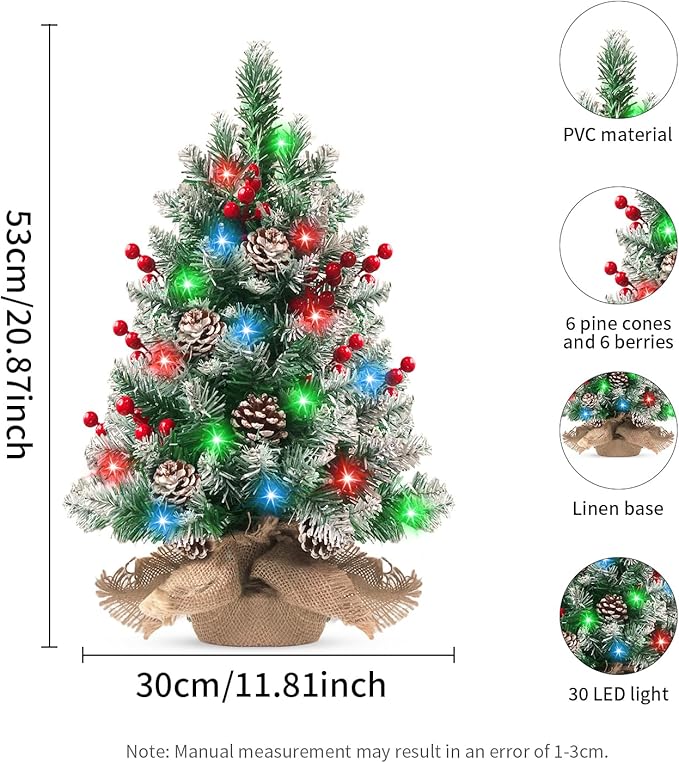 Pre-lit Mini Christmas Tree 20 Inch Small Tabletop Xmas Tree with 30 LED String Lights Locking Snow Frost Tips Berries Wood Base Ornaments Tabletop Artificial Pine Tree for Christmas Decoration