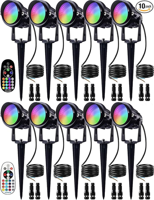 SUNVIE 12W Christmas Low Voltage Landscape Lighting RGB Color Changing LED Landscape Lights Remote Control Waterproof Garden Patio Spotlight Decoration for Outdoor Indoor(10 Pack with Connector)