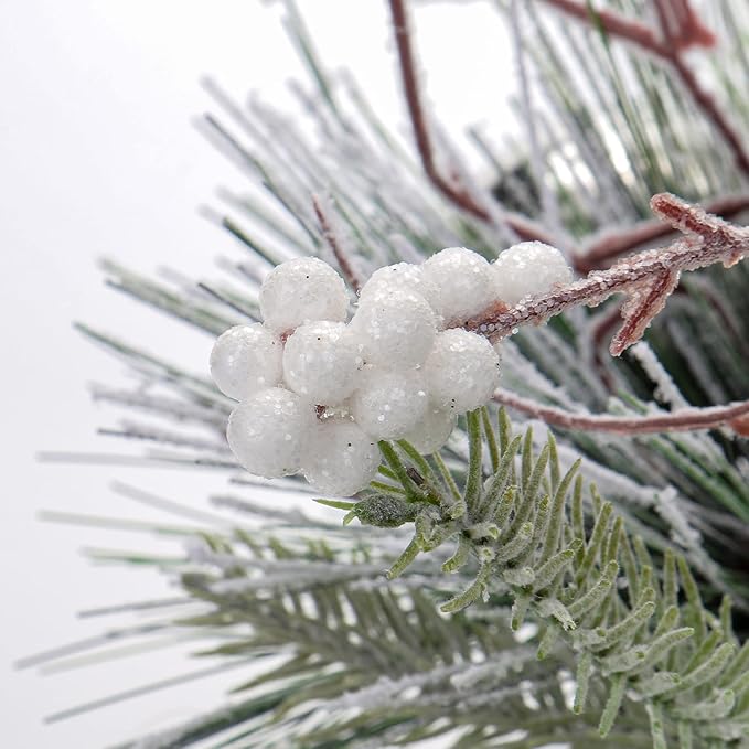 Briful 10 Inch Mini Christmas Tree Artificial Potted with Holly Pine Snowy and Black White Silver Xmas Balls Christmas Arrangements Centerpieces Ornaments Table Top Decor in 4.7'' Black Ceramic Pot