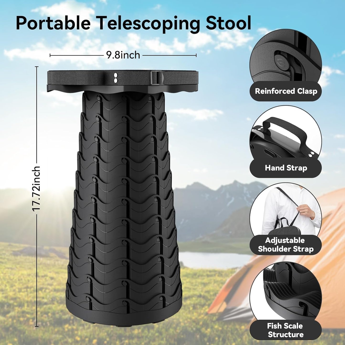 2025 Upgraded Portable Folding Stool, Collapsible Stool, Telescoping Camping Stool with Max Load Capacity 485lbs, Square Retractable Seat for Camping Gardening Fishing Hiking BBQ[Black]