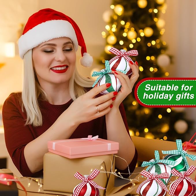 Syhood 24 Pcs Christmas Tree Ornaments, Christmas Ball Decorations Set, Shatterproof Baubles Xmas Tree Hanging Decor, Peppermint Candy Ball Red White Green Stripes Party Holiday(Bright,2.36 Inches)