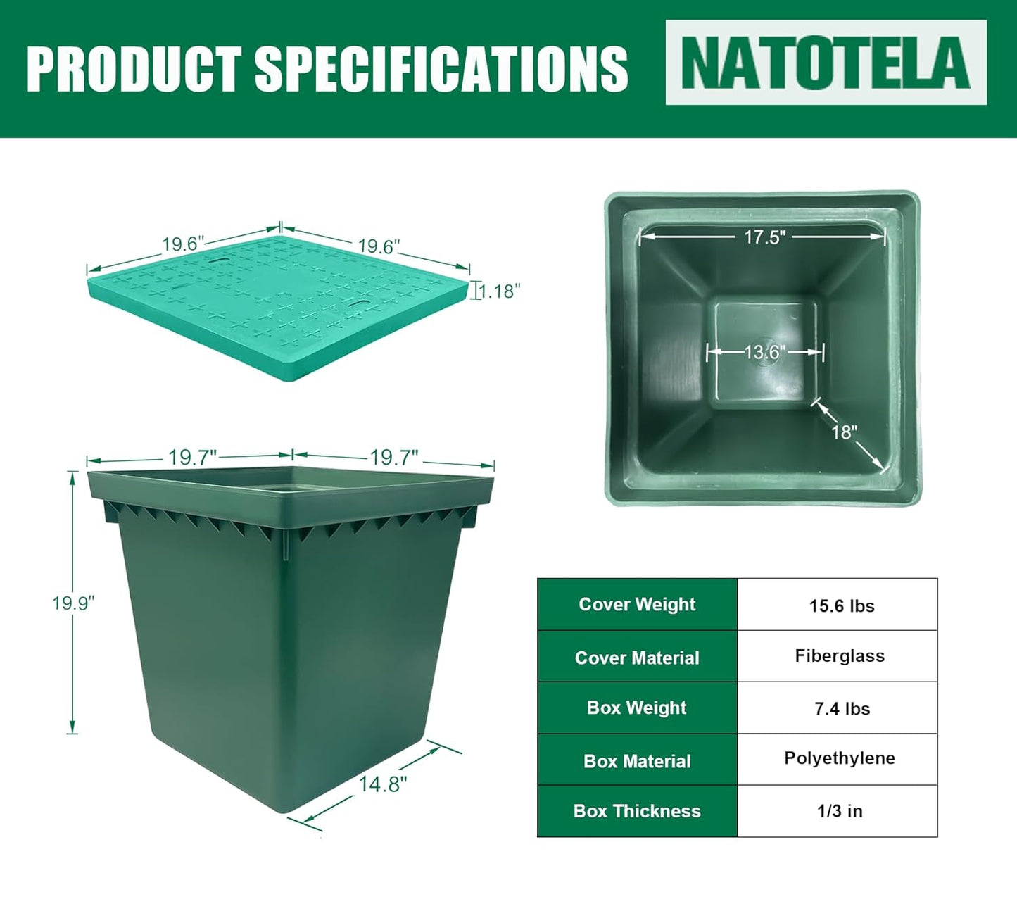 20x20x20in Underground Splice Boxes W/FRP Inspection Lid Large Enclosure Pit Precast Polyethylene Distribution Pull Box Access Electrical Junction Drillable Tapered Wiring Cable Chamber
