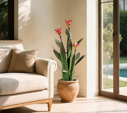 33 Inch Large Artificial Cactus with Magenta Flowers in Pot with Natural Gravel. Satin Finish Leaves with Real Look and Feel. Outdoor and Indoor Faux Plants.