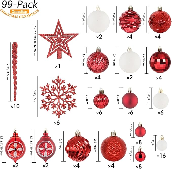XmasExp 99-Pack Christmas Ball Ornaments Assorted Shatterproof Christmas Tree Decorations with Hand-held Gift Package for Xmas Tree,Home,Party (Red)