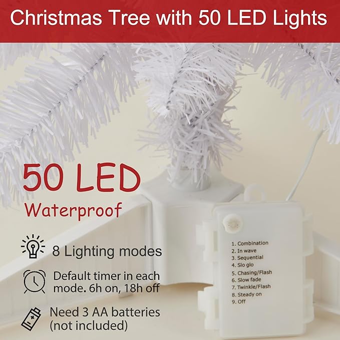 Pre-Lit Artificial Christmas Tree 3Ft, Battery Operated Desktop Xmas Tree with 50 LED 160 Branch Tips Mini Christmas Tree Decoration Indoor Outdoor