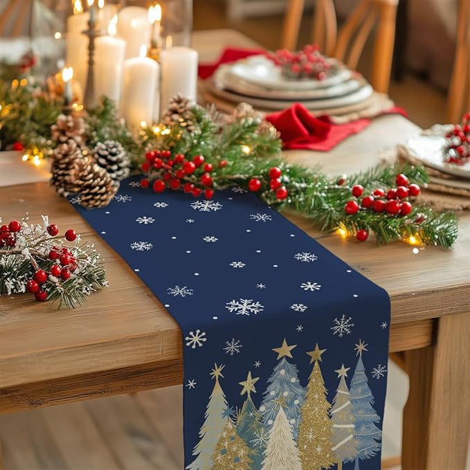 GEEORY Christmas Table Runner 13x108 Inch, Xmas Trees Snowflakes Holiday Decorative Farmhouse Table Decoration for Kitchen Dinning, Indoor Outdoor Dinner Party Decor (Blue) GT151-108