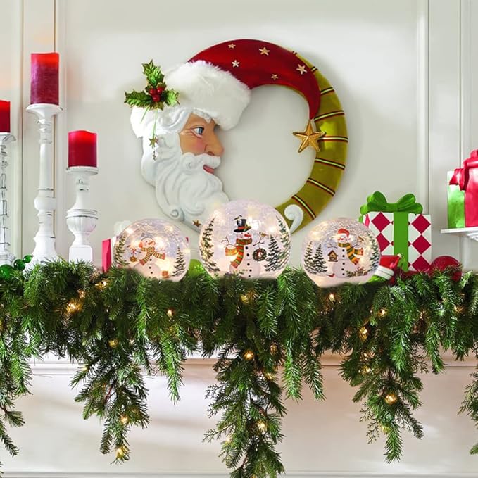 PHITRIC Christmas Decorations Indoor, 3 pcs Sparkling Snowman Globes with LED Lights and Timer, Tabletop Xmas Decor for Fireplace, Table, Home Decor Indoor
