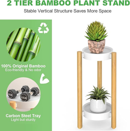 Wisuce Bamboo Plant Stands Indoor, 2 Tier Steel Tray Tall Corner Plant Stand Holder & Plant Display Rack for Outdoor Garden Indoor Home (2 Tier)