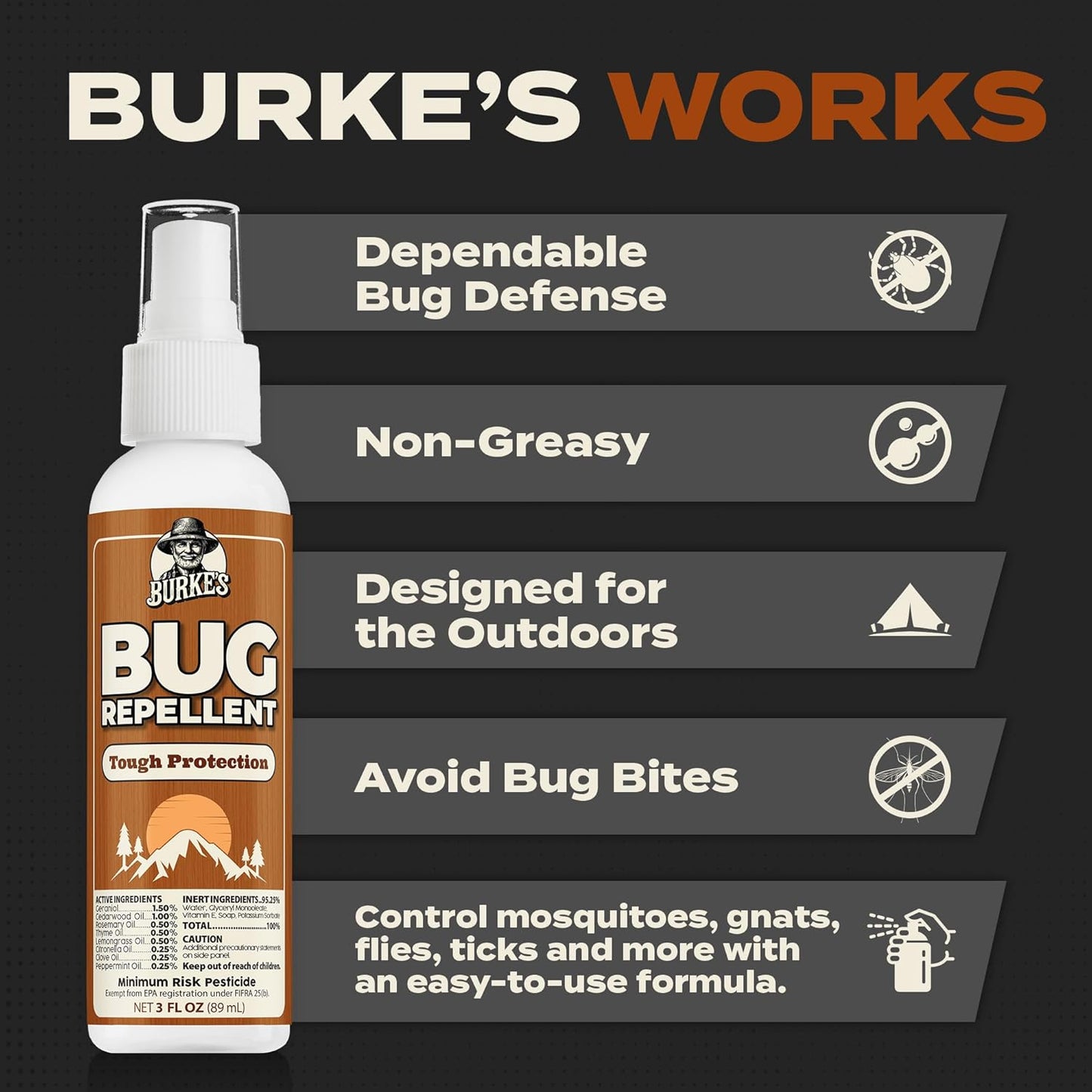 Burke’s Bug Repellent Spray – DEET-Free, Kid & Pet Safe Insect Repellent for Mosquitoes, Ticks, and Gnats – Travel Size, Natural Essential Oils, Outdoor Protection, 3 oz (90mL)