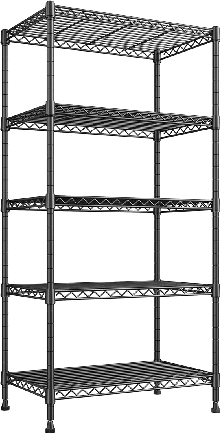 REIBII Metal Shelving 5 Tier Wire Sturdy Storage Shelves Adjustable Steel Organizer Wire Rack for Kitchen Laundry Room Commercial School Storage Room Black 63“Hx 21.65“L x 11.8”D