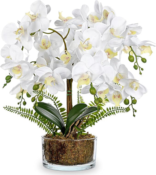 White Orchids Artificial Flowers 16.5" Faux Orchids Plant in Pot Fake Flower Arrangements with Glass Vases White Centerpieces for Kitchen Dining Room Tables Bathroom Nightstand Shelf Desk Decor
