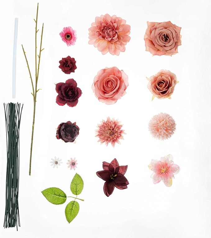 30 Pcs Artificial Flowers Combo Red Flowers Mix Silk Flowers Dahlia Roses with Stems for DIY Wedding Bridal Bouquets, Baby Shower, Floral Arrangement, Table Centerpieces, Home Decorations.