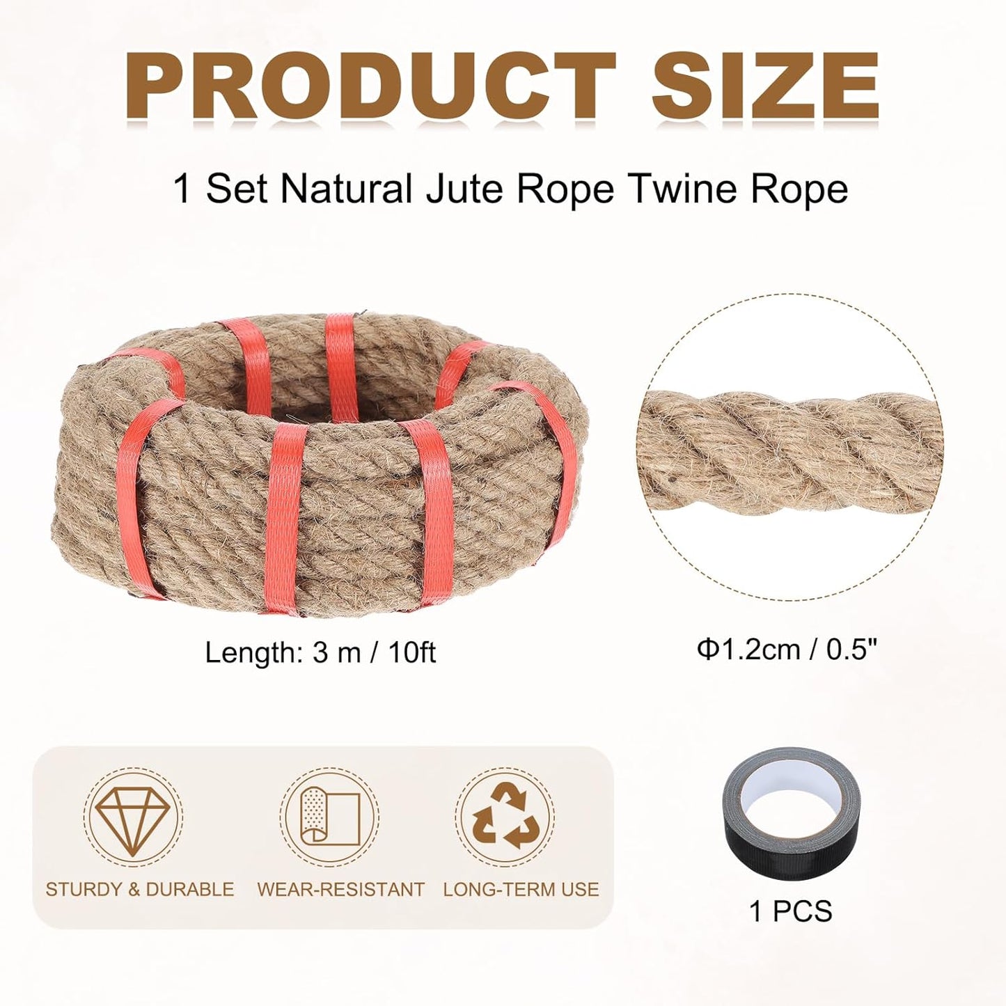 MECCANIXITY Jute Rope 0.5 Inch x 10ft, Thick Twine Rope Ropes Braided Jute Twine Natural Brown Burlap Cord String Heavy Twisted with Tape for Decorative Crafts Railing Swing Tug of War