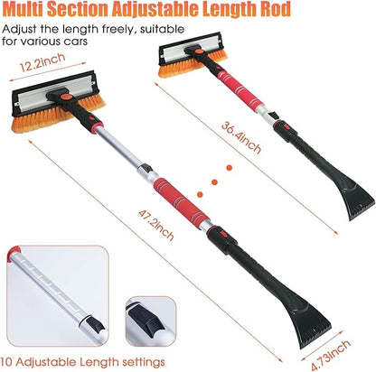 FOVAL 47.2" Extendable Ice Scraper Snow Brush with Squeegee for Windshield Window Car Trucks SUVs, 270° Pivoting Brush Head, Essential Winter Tool Ice Snow Remover with Comfortable Foam Grip