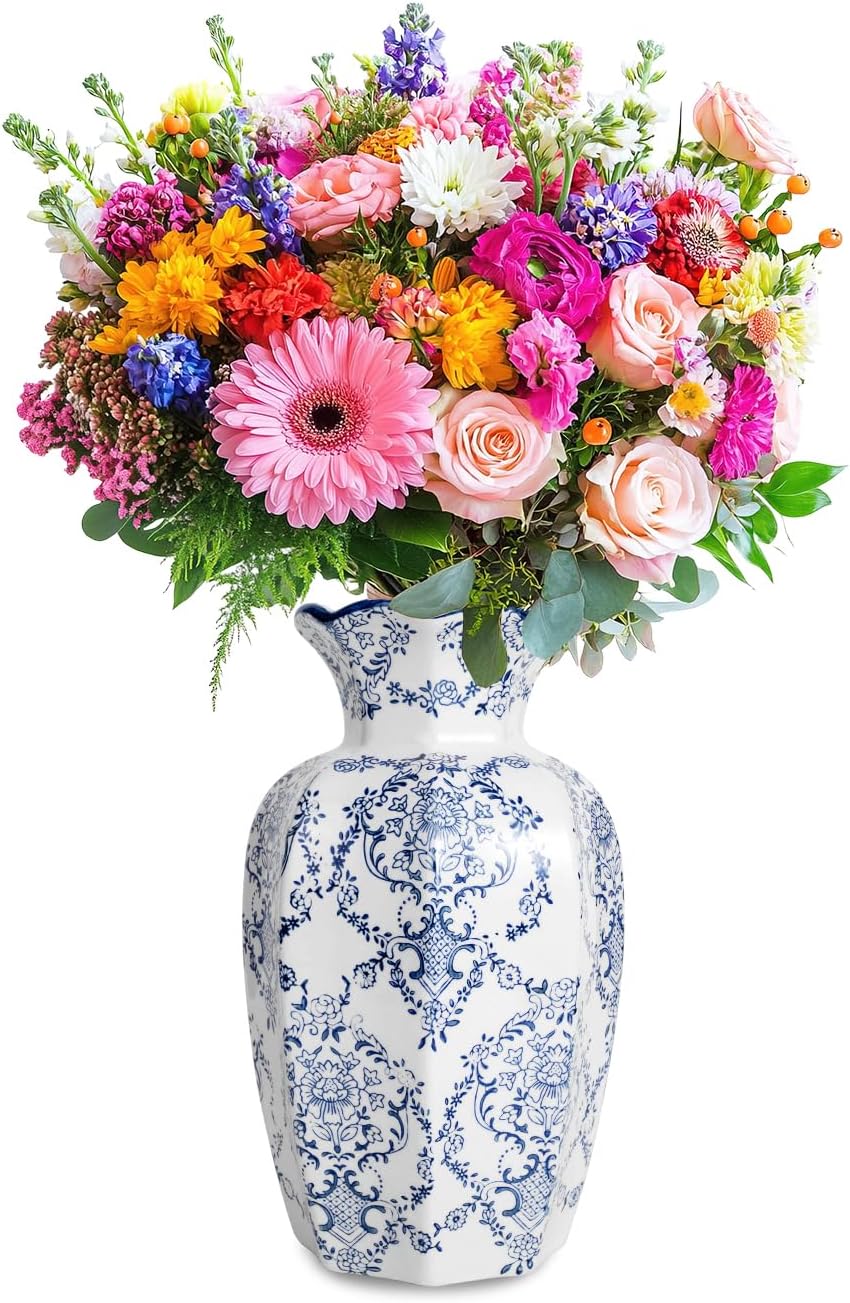 Chinoiserie Vase,Blue and White Vase,Vintage Ceramic Vases,Flower Vase for Centerpiece,Chinese Cute Vases for Living Room, Office,Home Decor (Blue White, Large)