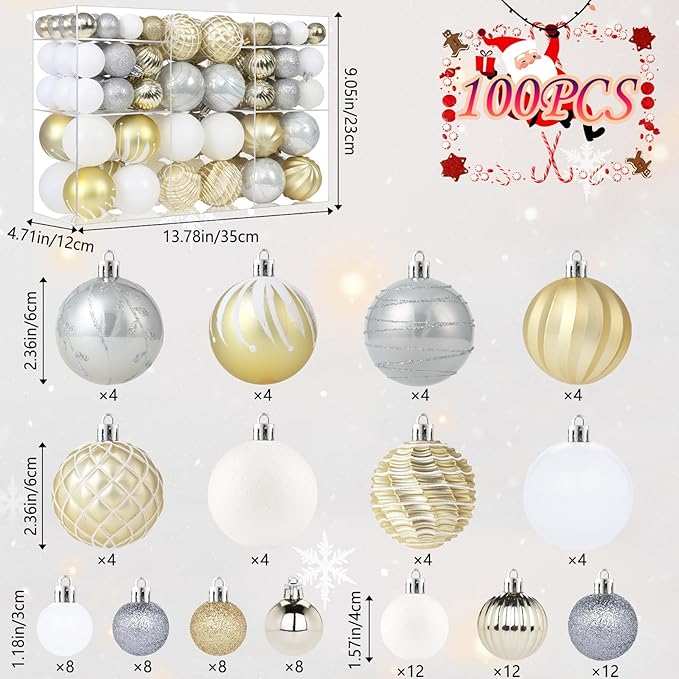 100PCS White and Gold Christmas Ornaments Set, Shatterproof Christmas Ball Ornaments Bulk, Assorted Decorations Baubles Hanging Ornaments for Christmas Trees Holiday Party Decor (White & Gold)