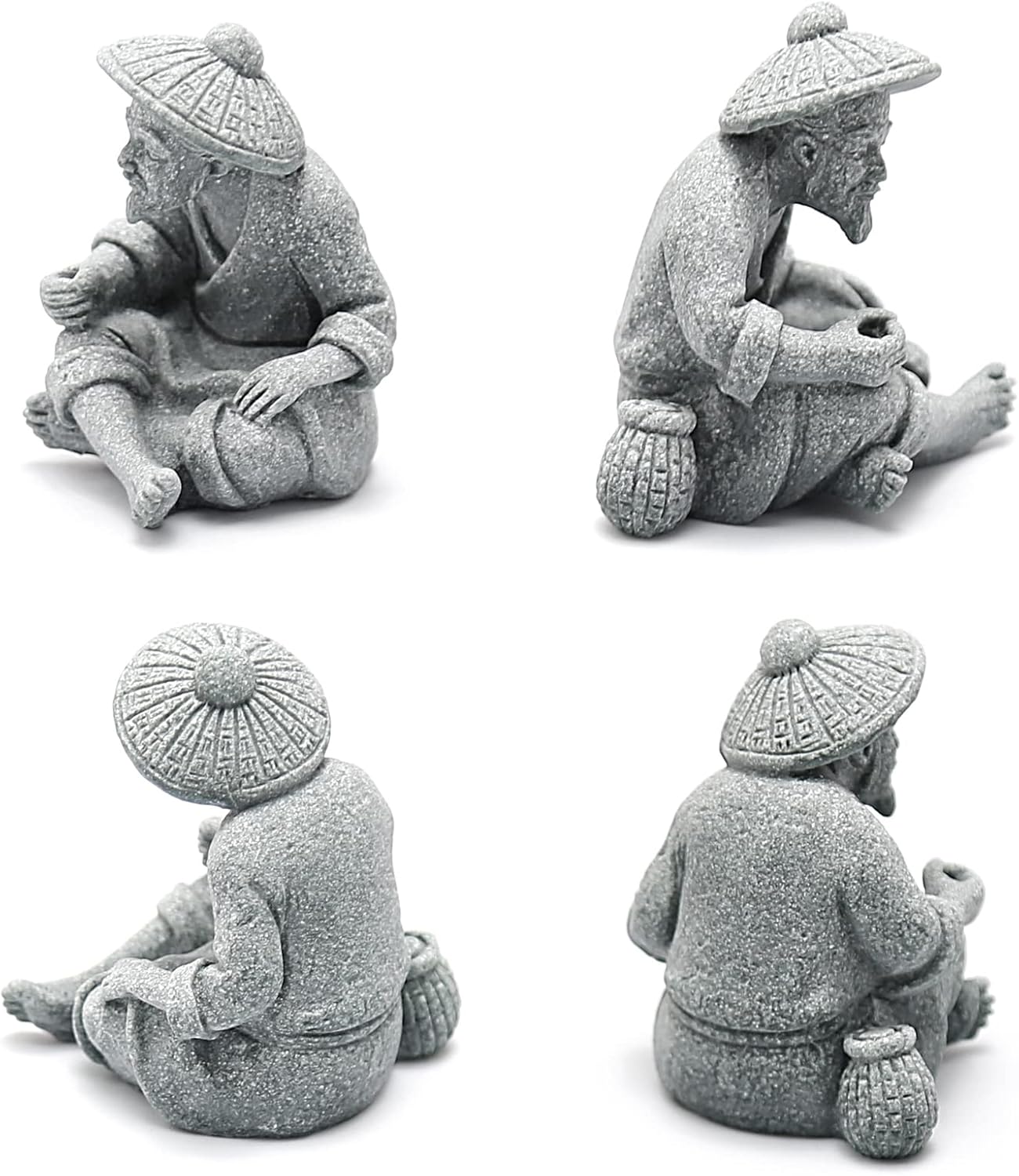 2PCS Mini Sitting Fishing Figurines Sandstone Vintage Ornament Japanese Decor for Fish Tank Pot Garden Home Aquarium Mini Fisherman Statue Asian Zen Decorations