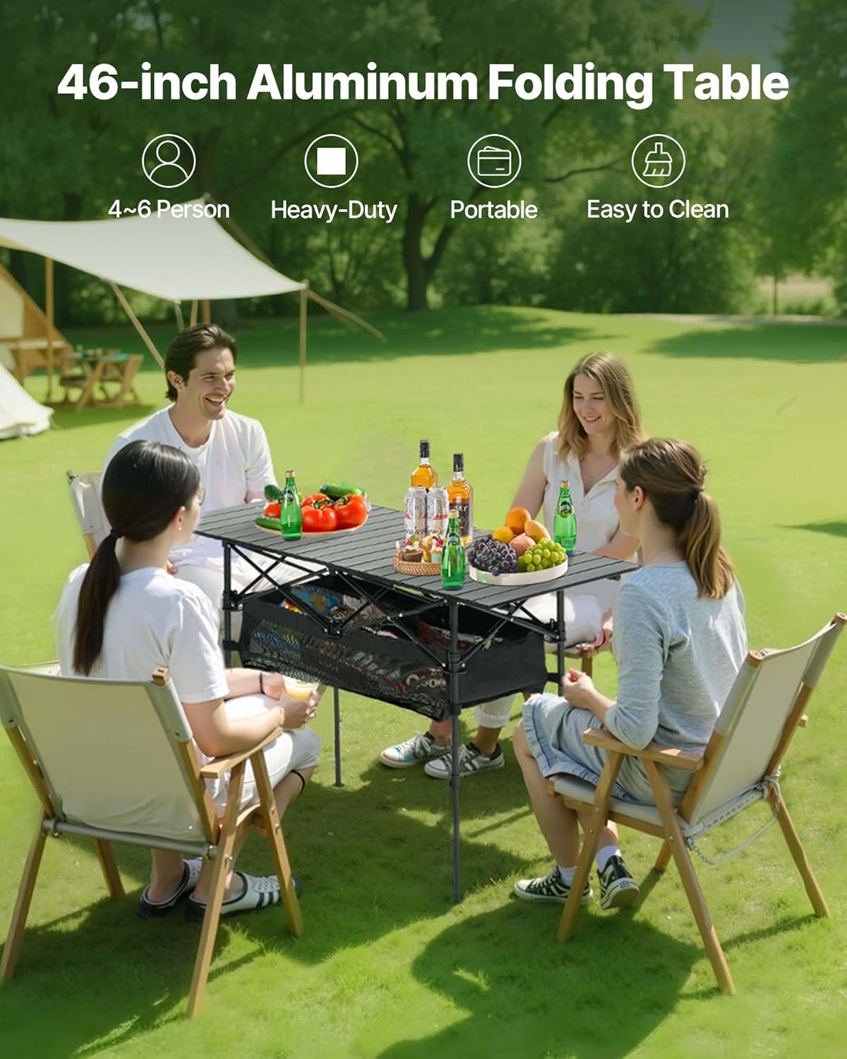 VEVOR Folding Camping Table, Portable Roll Up Side Tables, Lightweight Aluminum Beach Table with Adjustable Height, for Outdoor BBQ Tailgating Picnic, Travel (47 inch-Black)