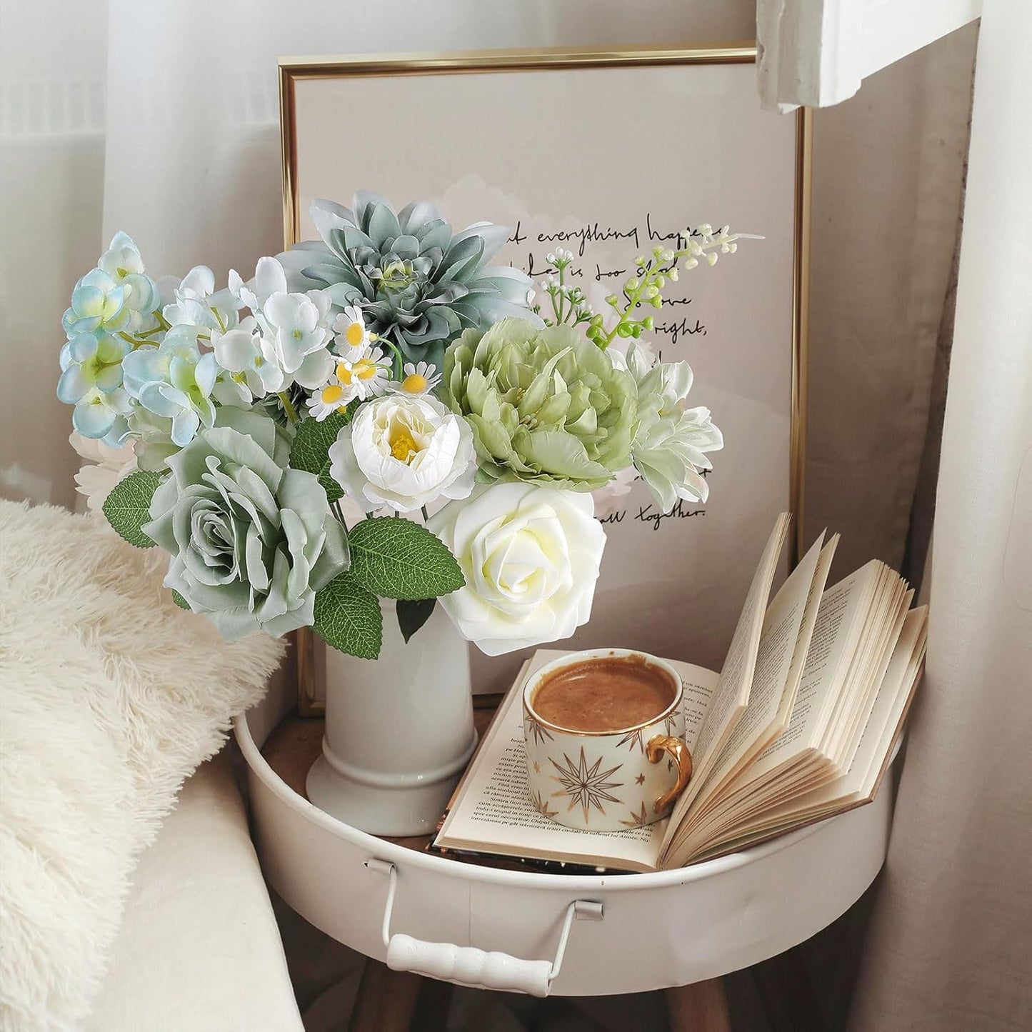 AGIRL Artificial Flowers Combo Silk Mix Green Fake Flower with Stems for DIY Wedding Bouquets Centerpieces Arrangements Table Chair Decor Baby Shower Home Decor (Sage Green)