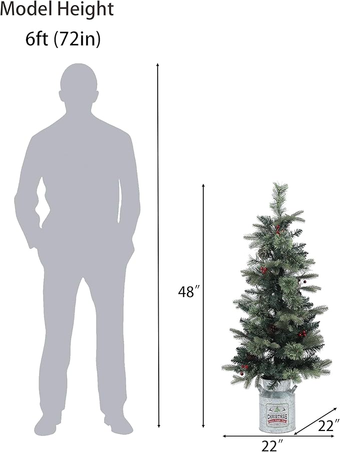 LuxenHome 4FT Small Christmas Tree, Prelit Slim Potted Artificial Christmas Trees with 100 Warm White LED Lights, Realistic Faux Pine Tree with Rustic Metal Pot for Indoor, Outdoor Holiday Decor