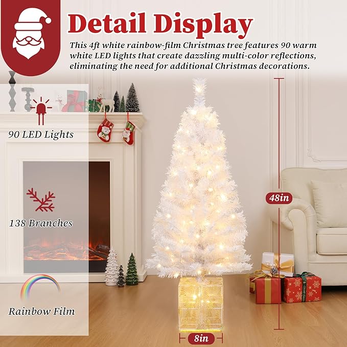 Brightever 4 FT Artificial Christmas Tree, Pre-lit Small Christmas Trees with Warm White String Lights & Unique Gold Gift Box Base, Plug in White Outdoor Xmas Trees for Front Door, Fireplace, Patio