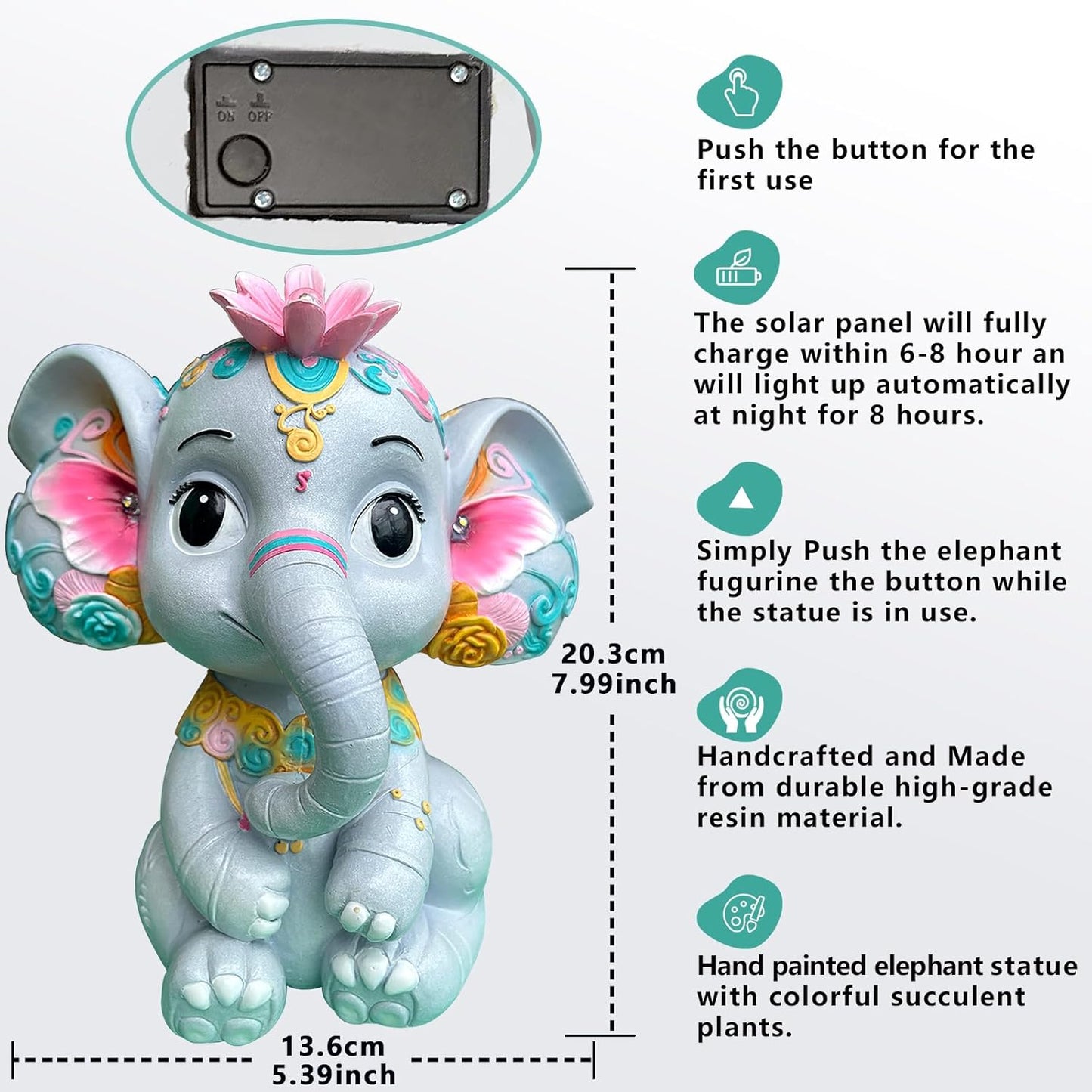 Solar Garden Outdoor Statue Elephant with 4 LED Lights,Lawn Decor Statue for Patio, Balcony,Yard Ornament,Ideal Gift for Christmas,Women,Mom,Grandma,Birthday or Unique Housewarming