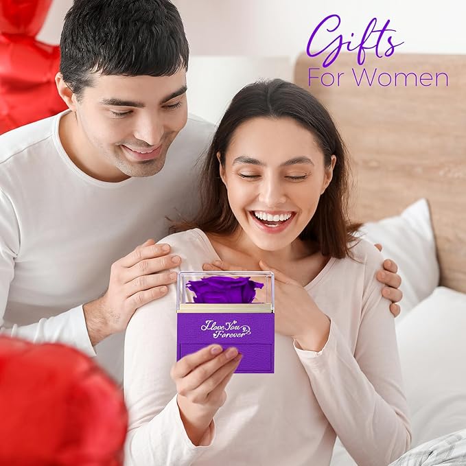 NEWNOVE Preserved Real Purple Rose with Angle Wings Necklace, Christmas Flowers Gifts for Mom Grandma Wife Girlfriend, I Love You Gifts for Her, Anniversary or Birthday Gifts for Women