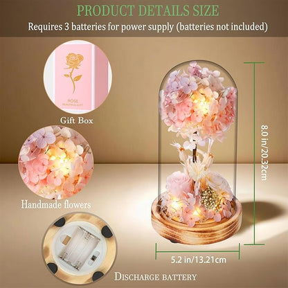 dranmoner Christmas Rose Gifts with LED Lights,8 inches 3D Pink Hydrangea Tree and Preserved Flower Arrangement,Wooden Base,for Birthday,for Mom Grandma Wife Friend Used as for Occasions Home Decor