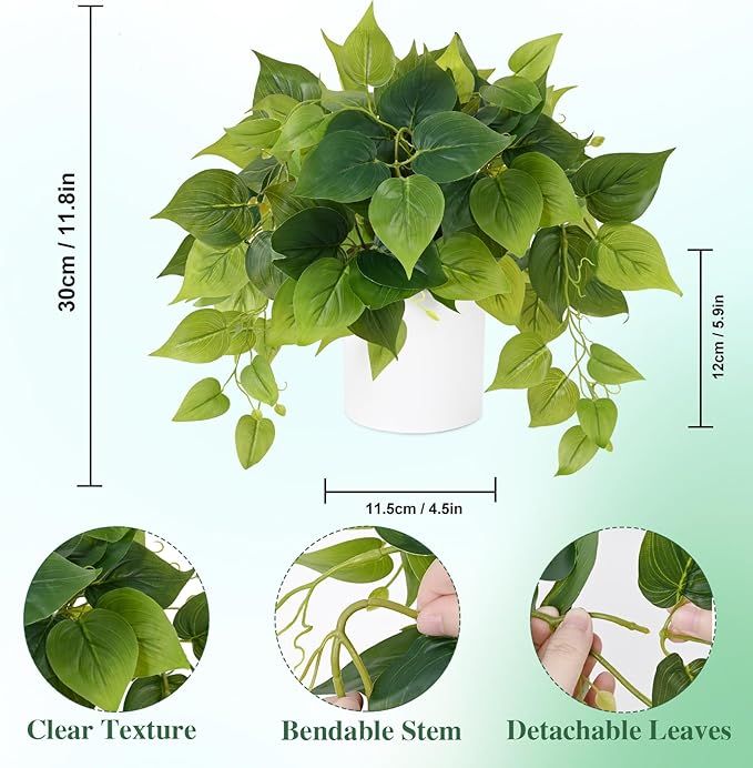 Waipfaru Faux Plants Indoor with Ceramic Pots, Realistic Small Fake Plants, Fake Plants with Pothos, Fake Potted Plants, Artificial Plant for Home Shelf Bathroom Kitchen Office Indoor Outdoor Decor