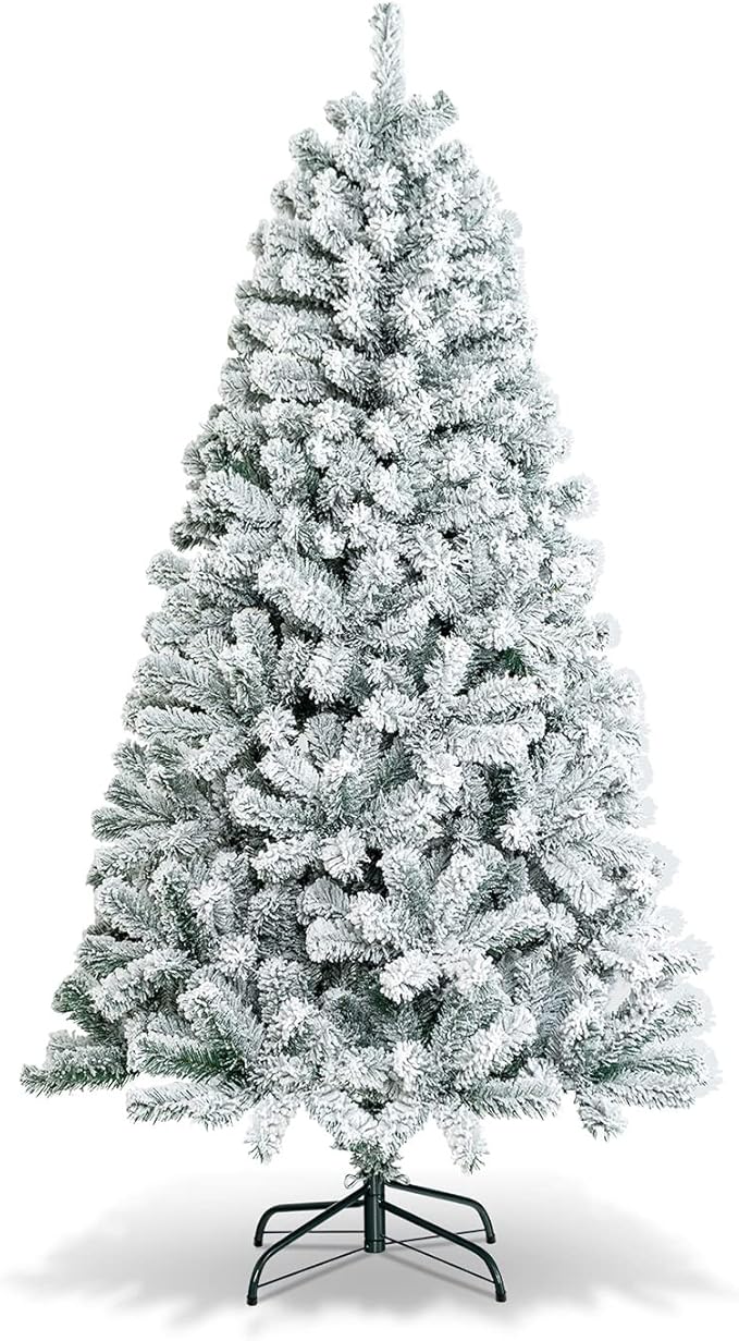 HAPPYGRILL 6 Feet Flocked Christmas Tree Artificial Xmas Tree with 600 PVC Branch Tips, Hinged Xmas Tree Life-Like Seasonal Holiday Tree for Home Office