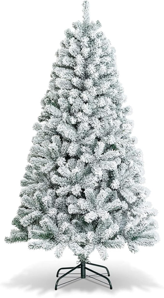 HAPPYGRILL 6 Feet Flocked Christmas Tree Artificial Xmas Tree with 600 PVC Branch Tips, Hinged Xmas Tree Life-Like Seasonal Holiday Tree for Home Office