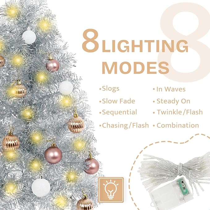 Sunshine Silver Christmas Tree with Light 3ft Artifical Full Christmas Tree with Ball & Star Ornaments 8 Lighting Modes for Holiday Decor