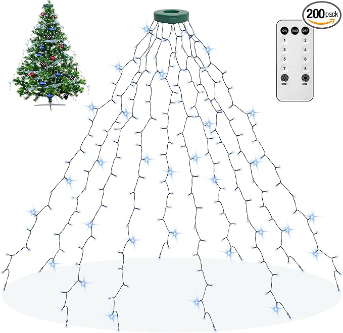 Christmas Tree Lights String, 200LED Christmas Lights for Tree with 8 Light Modes & Memory Function, 5FT x 10 String Lights with Timing & Remote Control for Xmas Holiday Decorations - Cold White