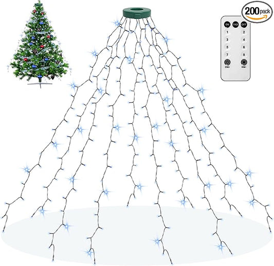 Christmas Tree Lights String, 200LED Christmas Lights for Tree with 8 Light Modes & Memory Function, 5FT x 10 String Lights with Timing & Remote Control for Xmas Holiday Decorations - Cold White